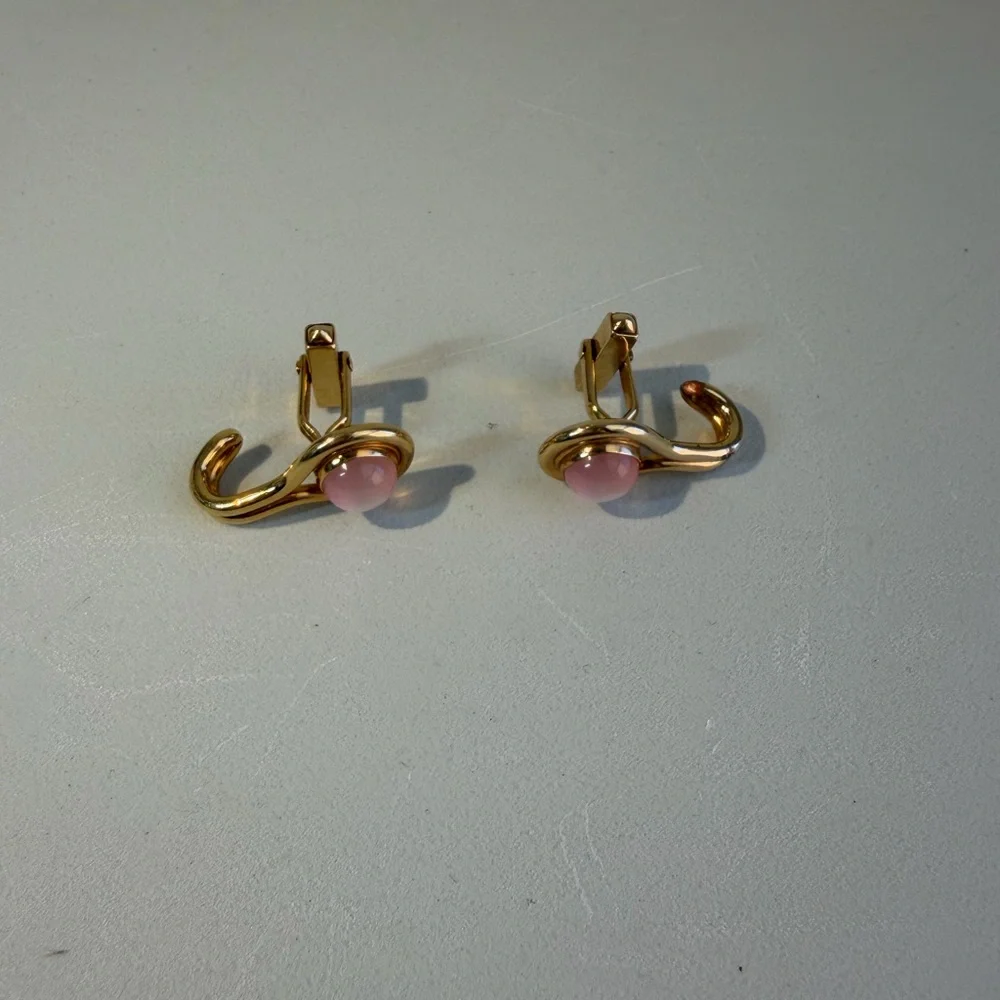 Vintage Swank Gold Tone Pink Faux Moonstone Cabochon Hook Design Cufflinks